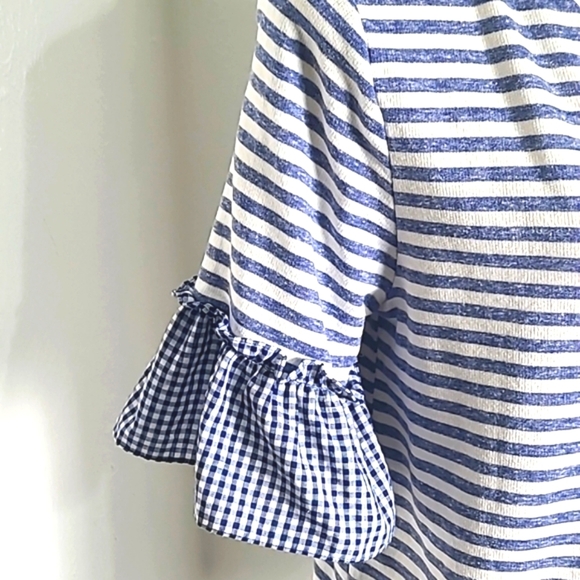 Doe & Rae Blue & White Stripe & Gingham Check Lace-up Top Size Medium - Picture 6 of 9